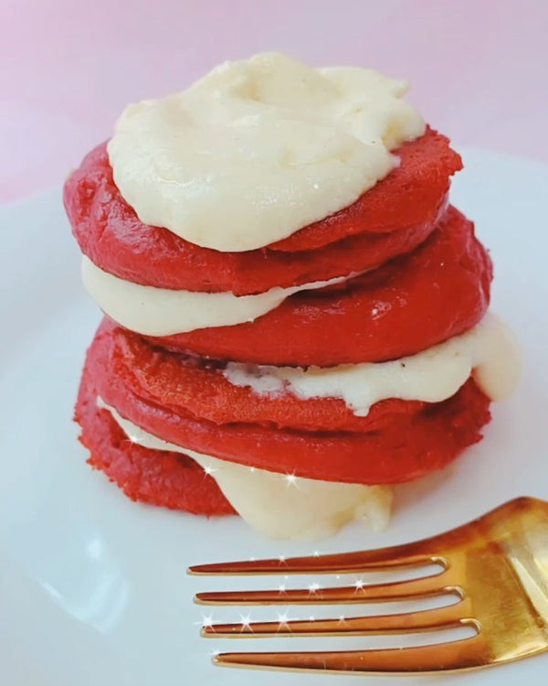 HIGH PROTEIN RED VELVET PANCAKE STACK